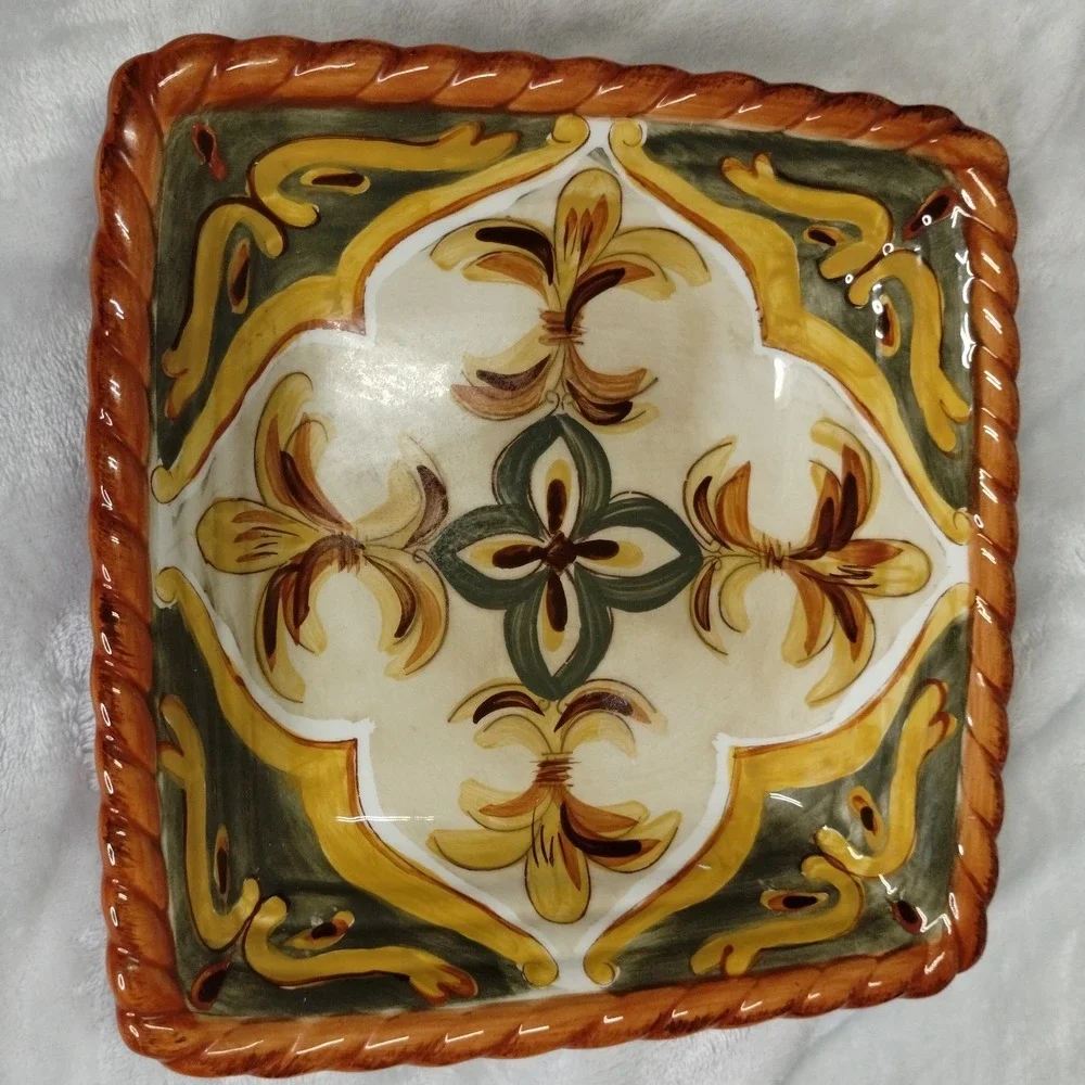 Artimino Siena Tuscan Square Plates Set of 2 Italy‎ Hand Painted Rope Rim